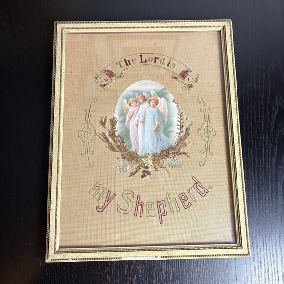 Antique Victorian Framed Religious Needlework Wall Art The Lord Is My Shepherd